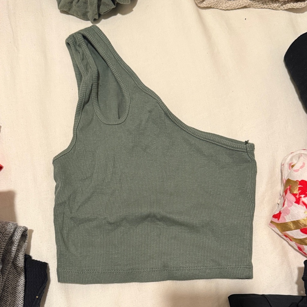 Zara One-Shoulder Ribbed Crop Tank Top - Sage Green